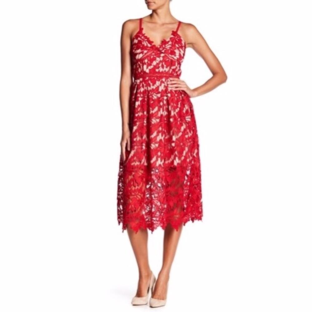 Love...Ady NEW Chemical Lace Bodice Sleeveless Midi Slip Dress Red Nude Medium